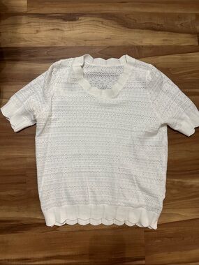 White Short-Sleeve Openwork Knit Top with Scallop Hem